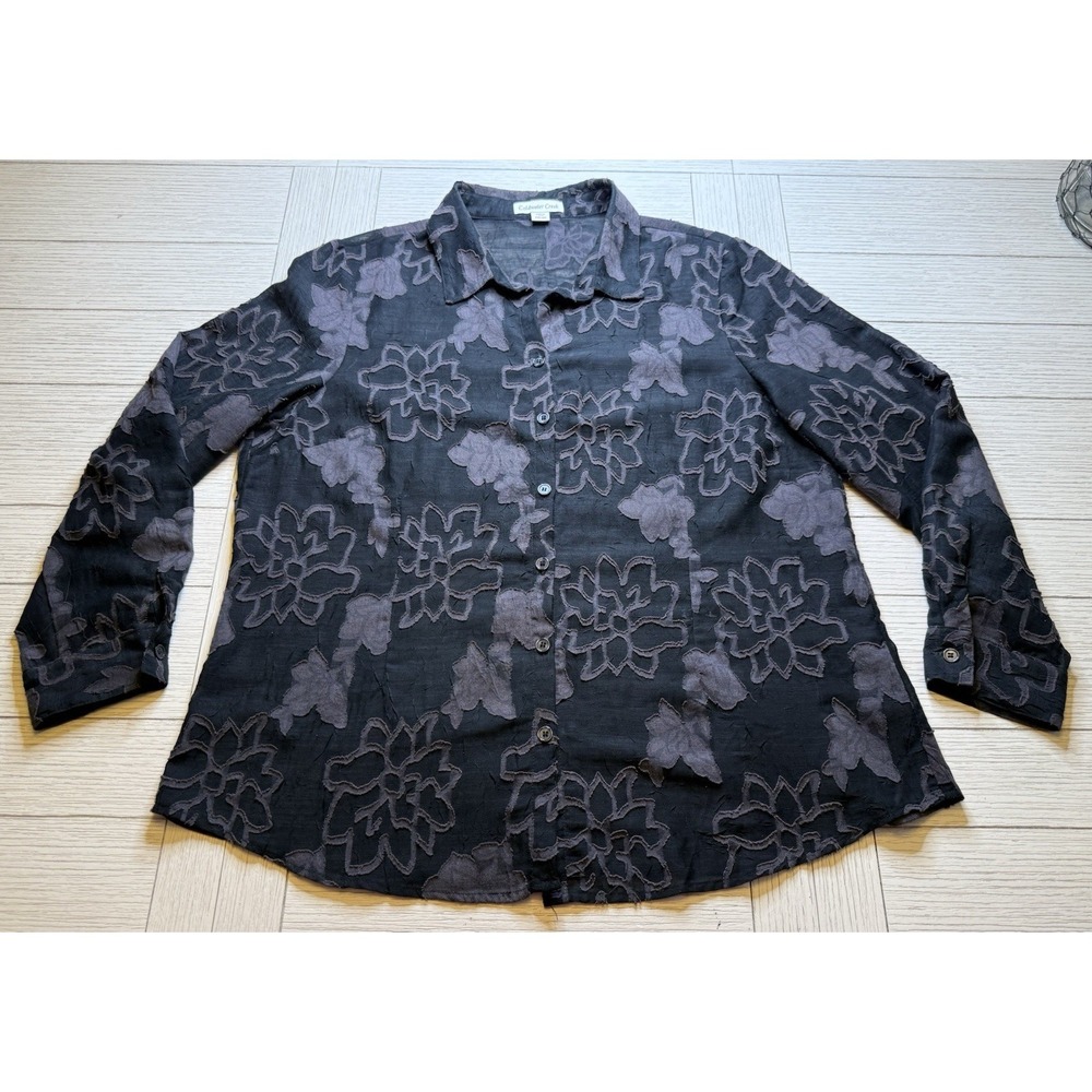 COLDWATER CREEK WOMEN'S BLOUSE BLACK SHEER TEXTURED FLORAL SHIRT MSRP 89.95 PXL